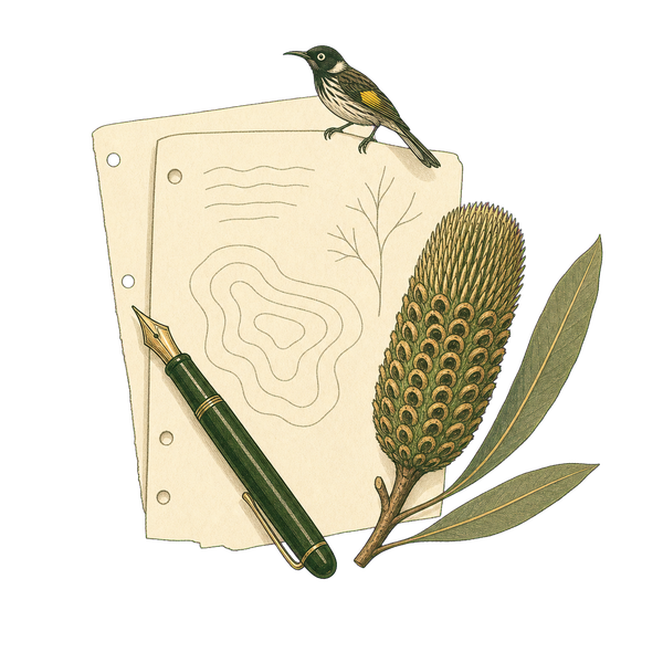 Journal pages with banksia, honeyeater, and fountain pen